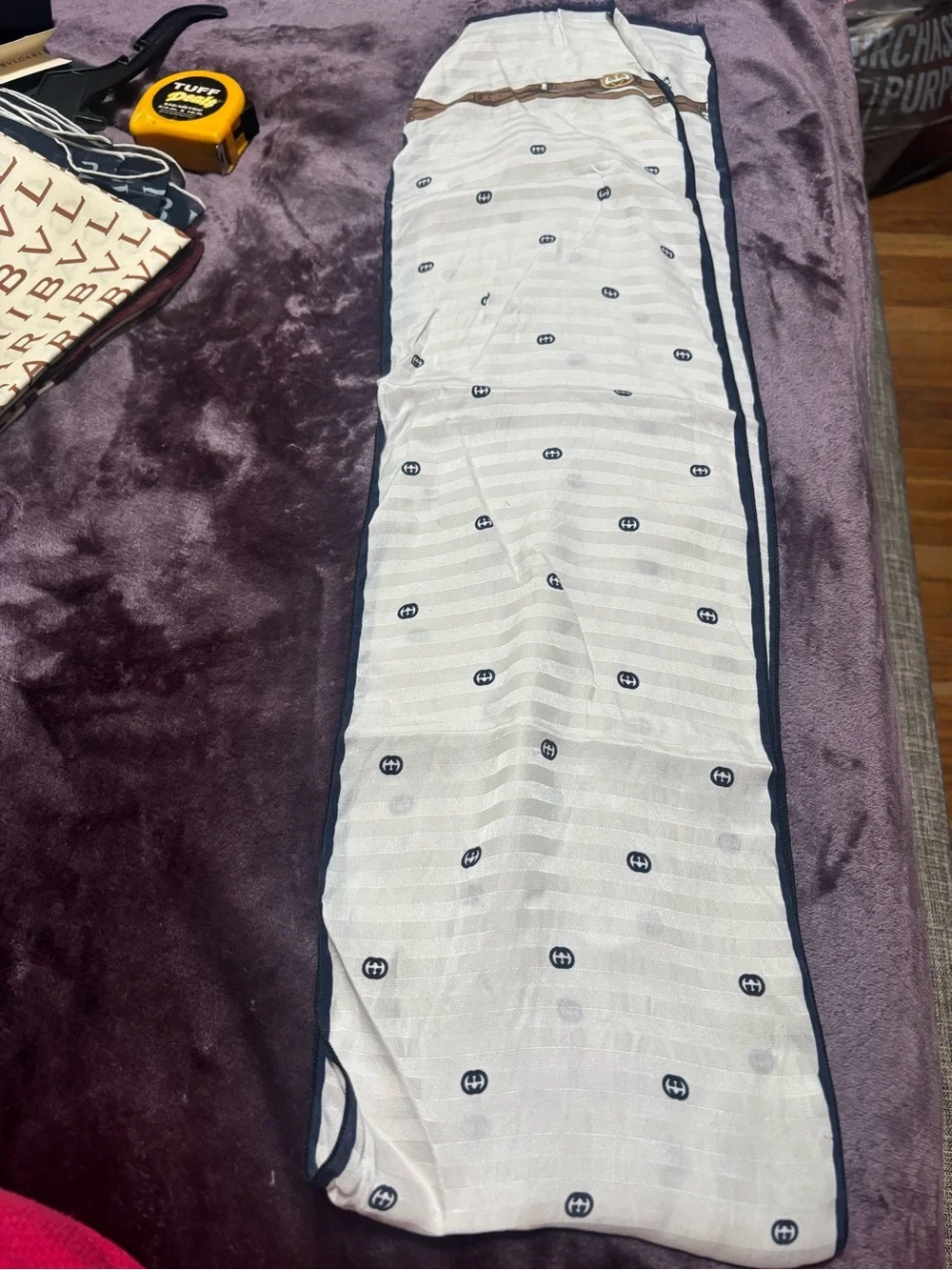 Gucci Ivory Scarf with Brown Belt Print and Navy Trim